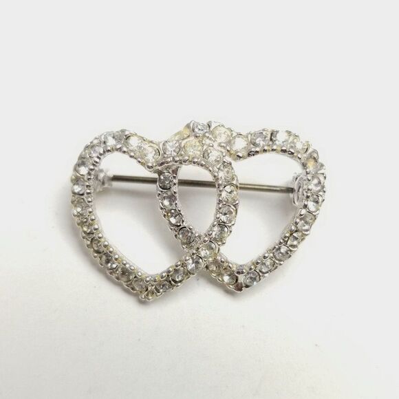 Vintage Double Rhinestone Heart Brooch, Silver Tone Sweetheart Lapel Pin, Estate - Picture 1 of 7